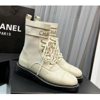 Top Grade Chanel Sock Lace-up Ankle Boots in Knit and Calfskin White 801068