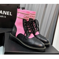 Unique Style Chanel Sock Lace-up Ankle Boots in Knit and Calfskin Dark Pink 801069