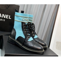 Good Product Chanel Sock Lace-up Ankle Boots in Knit and Calfskin Light Blue 801072