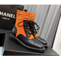 Pretty Style Chanel Sock Lace-up Ankle Boots in Knit and Calfskin Orange 801073