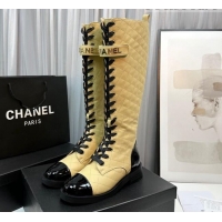 Popular Style Chanel Quilted Lambskin & Patent Calfskin Lace-ups High Boots Apricot 801075