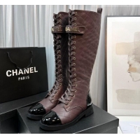 Purchase Chanel Quilted Lambskin & Patent Calfskin Lace-ups High Boots Brown 801076