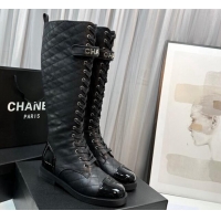 Stylish Chanel Quilted Lambskin & Patent Calfskin Lace-ups High Boots Black 801077