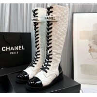 Purchase Chanel Quilted Lambskin & Patent Calfskin Lace-ups High Boots White 801078