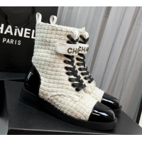 Good Quality Chanel Tweed & Patent Calfskin Lace-ups Ankle Boots G45005 White 801080