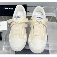 Classic Hot Chanel Canvas Platform Sneakers Light Beige 801089