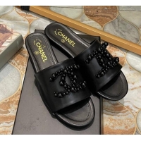 1:1 aaaaa Chanel Calfskin Flat Slide Sandals with Pearl CC Black 801113