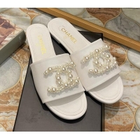 Luxury Chanel Calfskin Flat Slide Sandals with Pearl CC White 801114