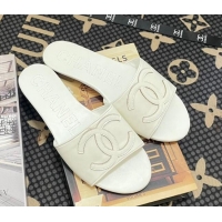 Discount Fashion Chanel Calfskin Flat Slide Sandals with Maxi CC All White 801116