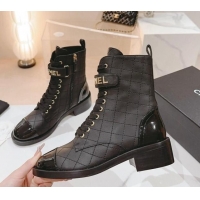 Good Looking Chanel Quilted Lambskin & Patent Calfskin Ankle Combat Boots G45005 Black 802001