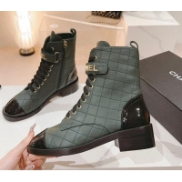 Best Product Chanel Quilted Lambskin & Patent Calfskin Ankle Combat Boots G45005 Green 802002