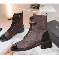 Unique Style Chanel Quilted Lambskin & Patent Calfskin Ankle Combat Boots G45005 Chocolate Brown