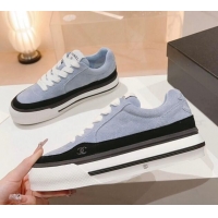 Top Design Chanel Velvet & Suede Platform Sneakers Light Blue 802021