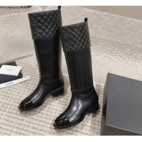 Unique Style Chanel Quilted Lambskin & Calfskin High Boots 3cm All Black 802028