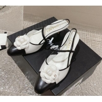 Luxury Chanel Calfskin Slingback Pumps 5cm with Camellia Bloom White 802046