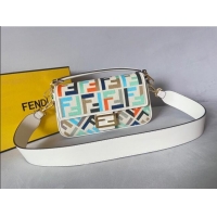 Discount Fendi Baguette Medium Bag in Canvas bag with FF embroidery 600M78 White and Multicolor 2023