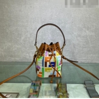 Luxurious Fendi Mon Tresor Canvas Mini Bucket Bag with FF embroidery F15057 Brown/Multicolor 2023