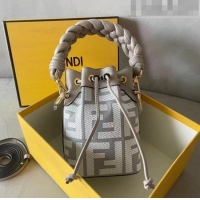 New Fashion Fendi Mon Tresor FF Canvas Mini Bucket Bag with Braided Strap F15064 Grey 2023