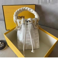 Top Grade Fendi Mon Tresor FF Canvas Mini Bucket Bag with Braided Strap F15064 White 2023