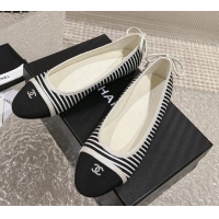 Best Product Chanel Striped Canvas & Grosgrain Ballet Flat with Back Bow White/Black 802056