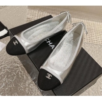 1:1 aaaaa Chanel Calfskin & Grosgrain Ballet Flat with Back Bow Silver 802058