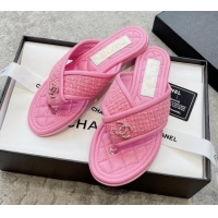 Good Looking Chanel Tweed Flat Thong Slide Sandals Pink 238205