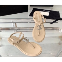 Hot Style Chanel Lambskin Flat Thong Sandals with Crystal CC G39728 Beige