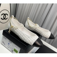 Good Looking Chanel Tweed Ballet Flat with Pearls Loop White 0805024