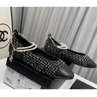 Popular Style Chanel Tweed Ballet Flat with Pearls Loop Black 805025