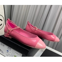 Unique Style Chanel Shiny Calfskin Ballet Flat with Chain Loop Pink 805026