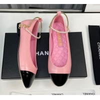 Luxurious Chanel Shiny Calfskin Ballet Flat with Pearls Loop Pink 805034