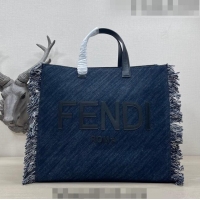 Popular Style Fendi Large Denim Tote Bag with fringe F3113 Dark Blue 2023