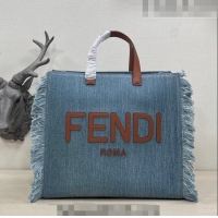 Top Quality Fendi Large Denim Tote Bag with fringe F3113 Light Blue 2023