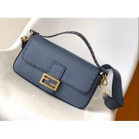 Grade Promotional Fendi Baguette Medium Bag in  Grained Leather with oversize topstitching F3128 Dark Blue 2023