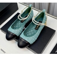 Pretty Style Chanel Tweed Ballet Flat with Pearls Loop Green 805035