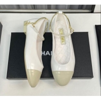 Good Product Chanel Shiny Calfskin Ballet Flat with Pearls Loop White 805037