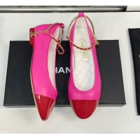 Shop Duplicate Chanel Shiny Calfskin Ballet Flat with Pearls Loop Dark Pink 805038