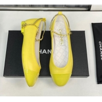 Top Grade Chanel Shiny Calfskin Ballet Flat with Pearls Loop Yellow 805039