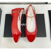 Unique Style Chanel Shiny Calfskin Ballet Flat with Pearls Loop Red 805040