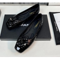 Good Quality Chanel Stone Embossed Lambskin & Patent Calfskin Ballet Flat with Camellia Black 805042