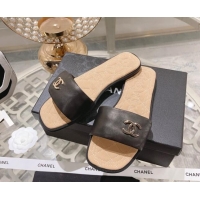 Low Price Chanel Lambskin Flat Slide Sandals Black 805044