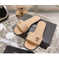 Grade Quality Chanel Lambskin Flat Slide Sandals Beige 805045