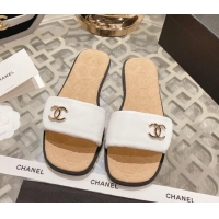 Durable Chanel Lambskin Flat Slide Sandals White 805046