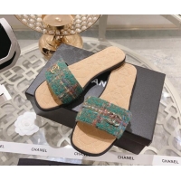 Discount Chanel Tweed Flat Slide Sandals Green 805049