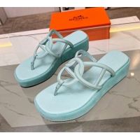 Sumptuous Hermes Nappa Leather Chaine d'Ancre Platform Slide Thong Sandals Light Blue 329068