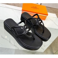 Duplicate Hermes Nappa Leather Chaine d'Ancre Platform Slide Thong Sandals Black 329069