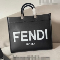 New Style Fendi Sunshine Medium Leather Shopper Tote Bag F0073 Black/White 2023