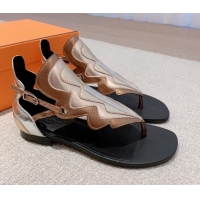 Top Quality Hermes Sandales Garden Leather Flat Sandals Black/Gold 426016