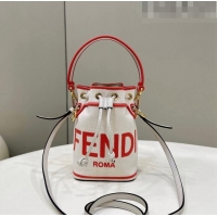 Best Design Fendi Mon Tresor Canvas Mini Bucket Bag with Fendi Roma Embroidery F0075 White/Pink 2023