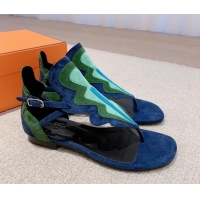 Classic Hot Hermes Sandales Garden Suede Flat Sandals Blue/Green 426017 